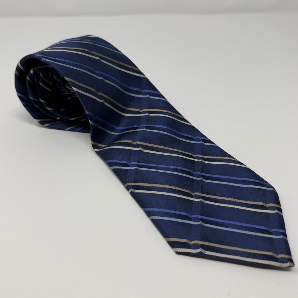 Stafford Mens Navy Blue Tan Striped Silk Handmade Necktie Wide Classic Business